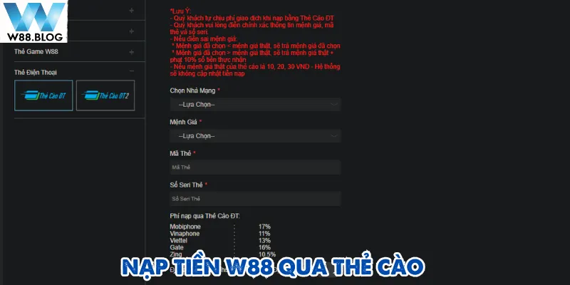 Nạp tiền W88 2 Sử dụng thẻ cào điện thoại để nạp tiền W88 được nhiều bạn trẻ lựa chọn